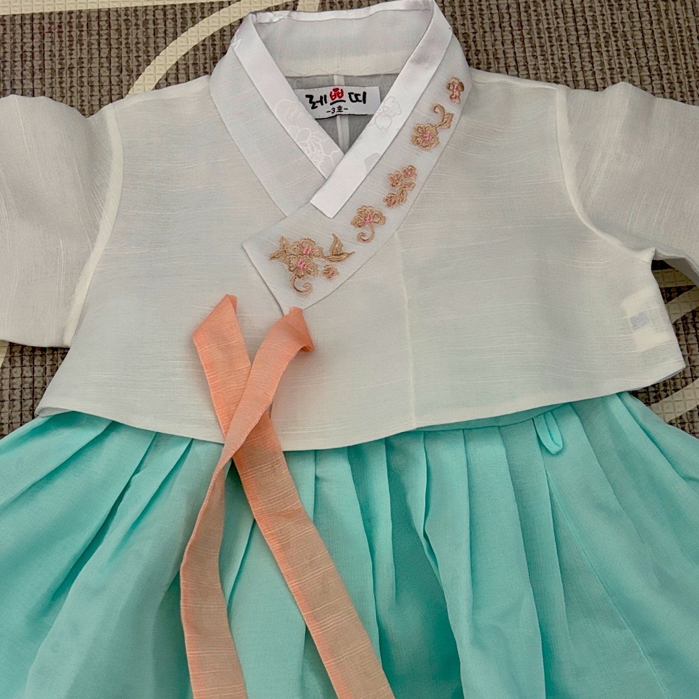 Beautiful mint green pastel pink toddler preschool girl Korean hanbok dress